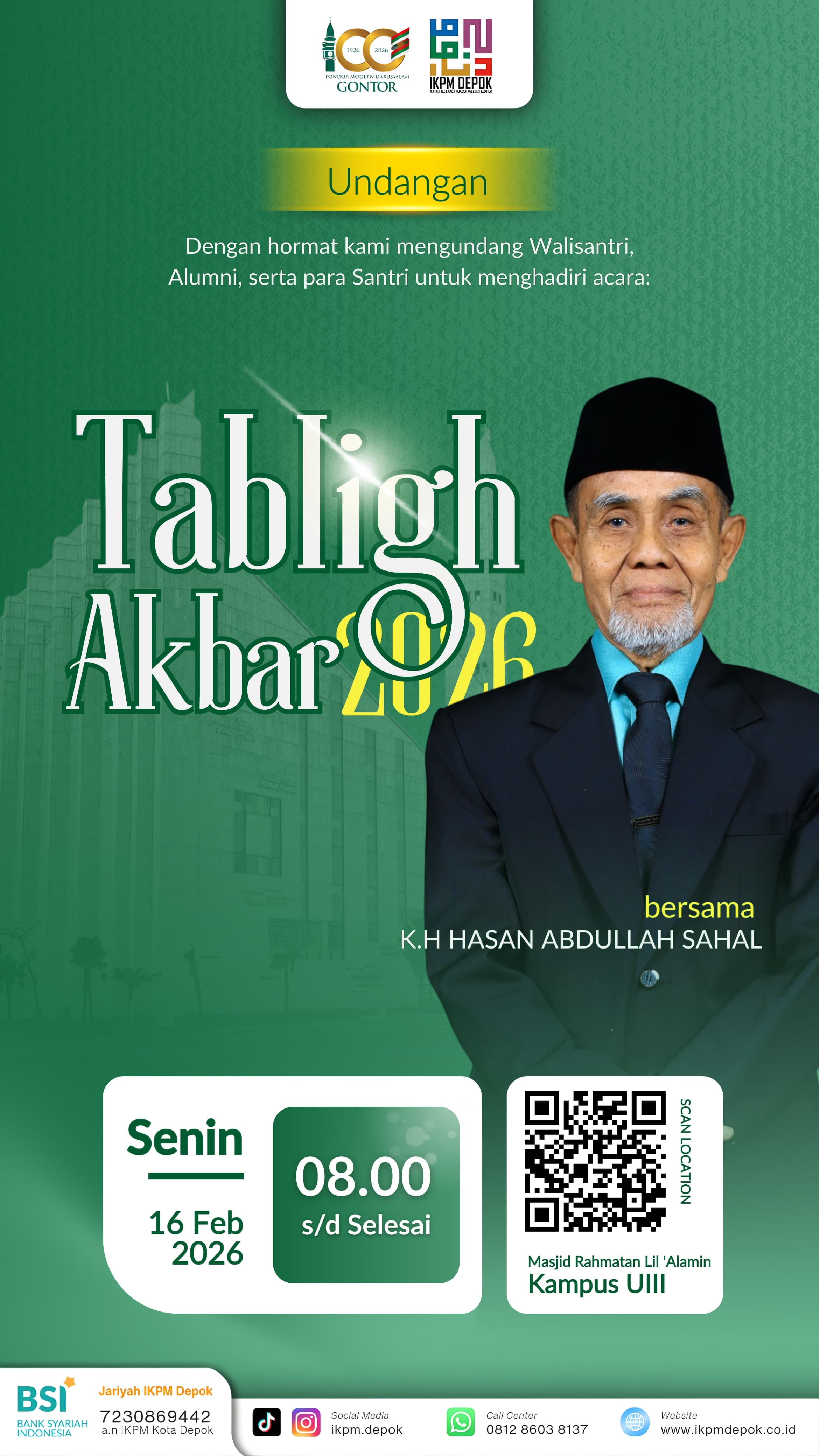 Pimpinan Gontor KH Hasan Abdullah Sahal Akan Hadiri Tabligh Akbar 100 Tahun Gontor di UIII Depok